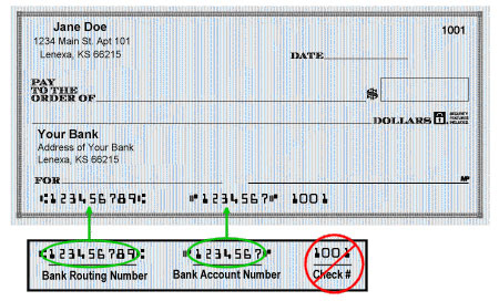 Example check with routing number and account number circled